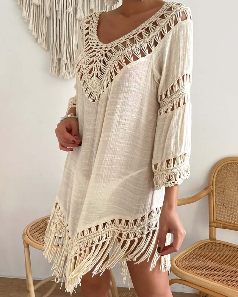 V-Neck Solid Color Hollow Cover Up