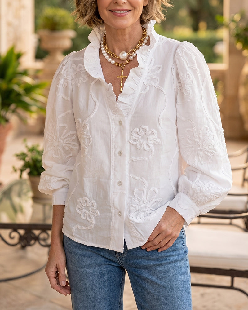 3D Solid Floral Ruffle Blouse