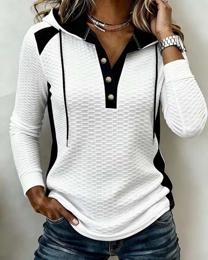 Buttoned Drawstring Color Block Hoodie