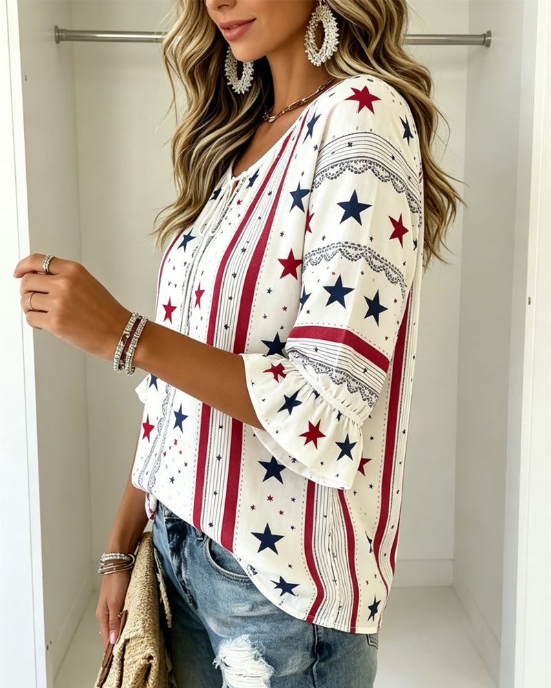 Printed Lace-Up Ruffle Sleeve Blouse