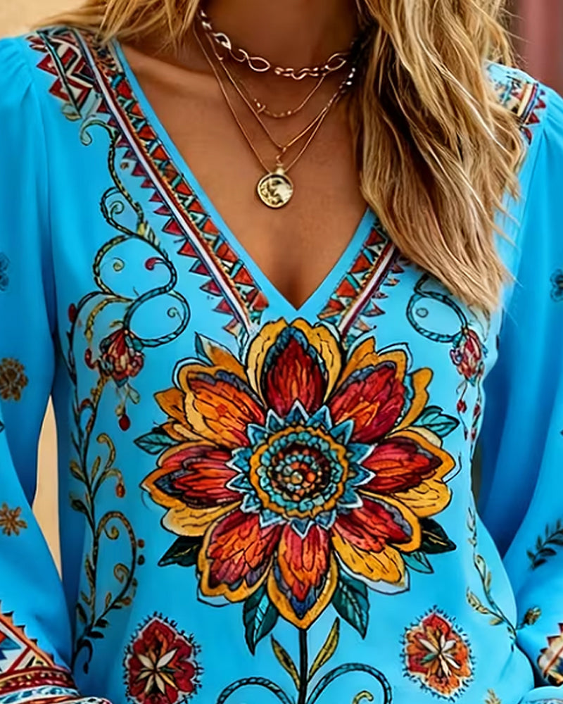 Lantern Sleeve Bohemian V-Neck Blouse
