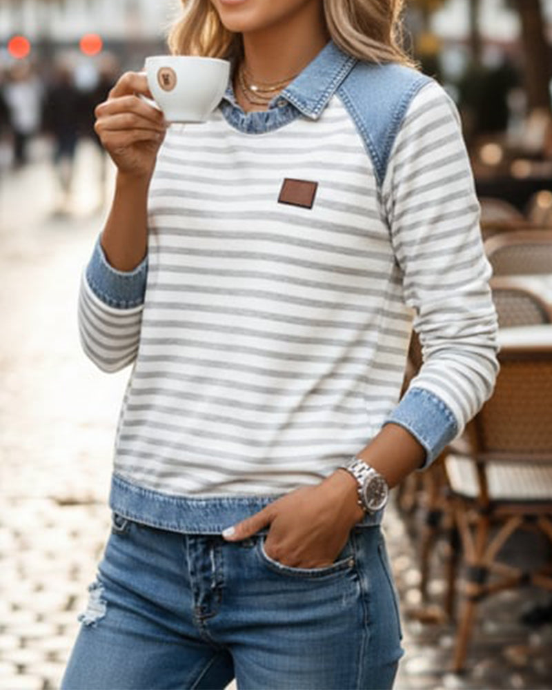 Denim-Color-Block Striped Sweatshirt
