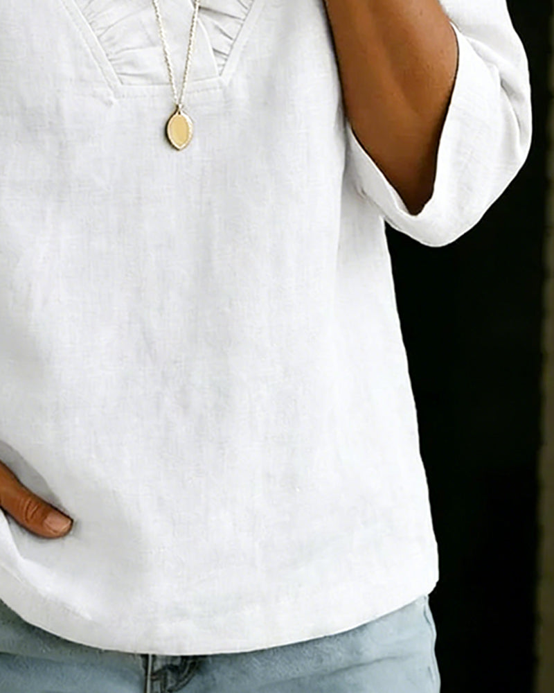 100% Cotton Ruffle V-Neck Three-Quarter Sleeve Blouse