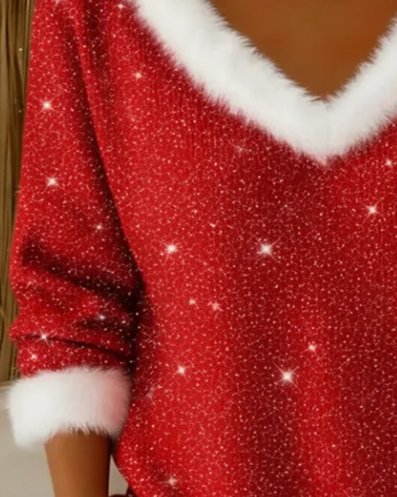 V Fur Collar Shiny Fashionable Sweater