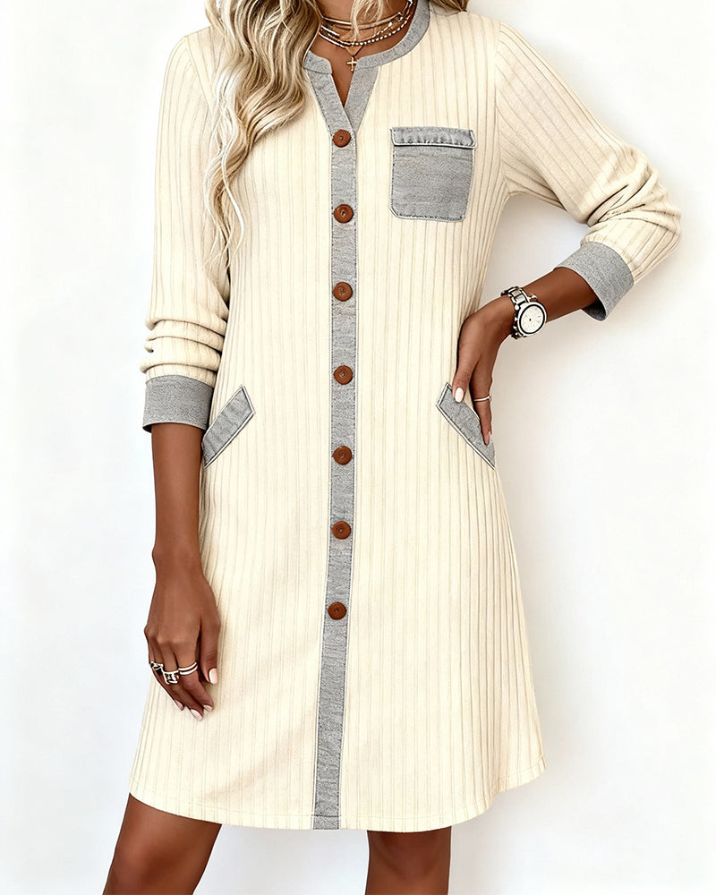 Ribbed Color-Blocked Button Dress