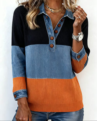 Fashionable Lapel Contrast Color Top