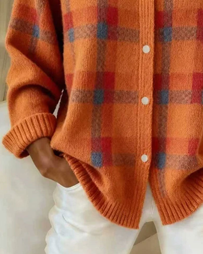 Plaid Shirt Collar Buttoned Cardigan