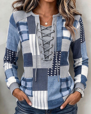 Lace-Up Plaid Long-Sleeved Slim Sweatshirt