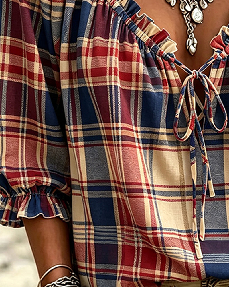 V-Neck Tie Plaid Blouse
