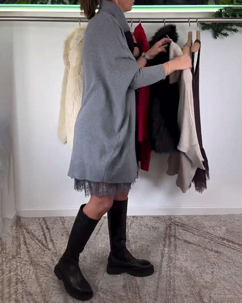 High Collar Bat Sleeve Suspenders Lace Mesh Dress Suit