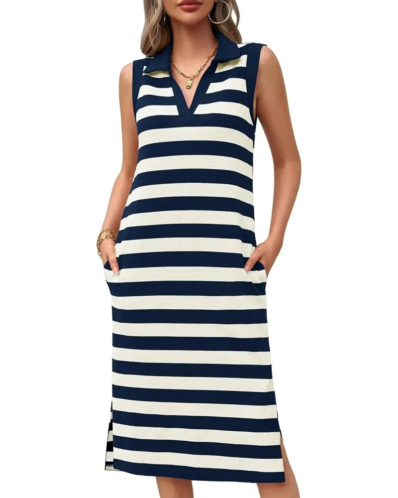 Stripe V-Neck Polo Collar Casual Dresses