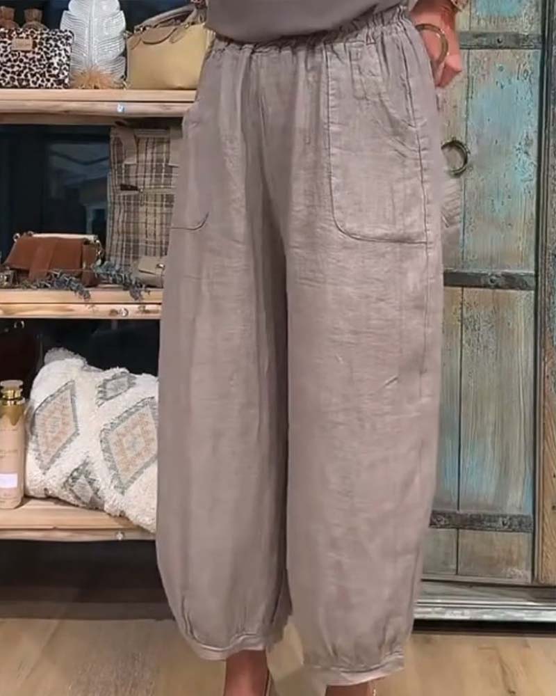 Elastic Waist Pocket Wide Leg Cropped Pants