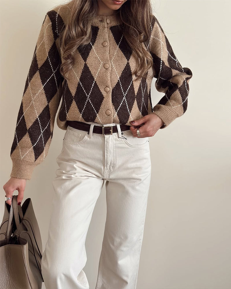 Retro Argyle Pattern Cardigan