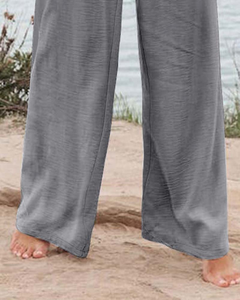 Button Elastic Waist Wide-Leg Pants