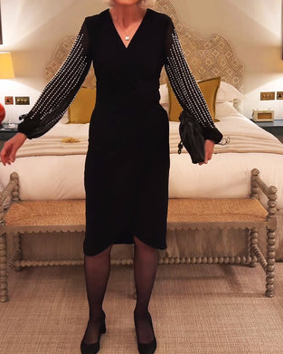V-Neck Long Sleeve Fitted Waist Midi Dress