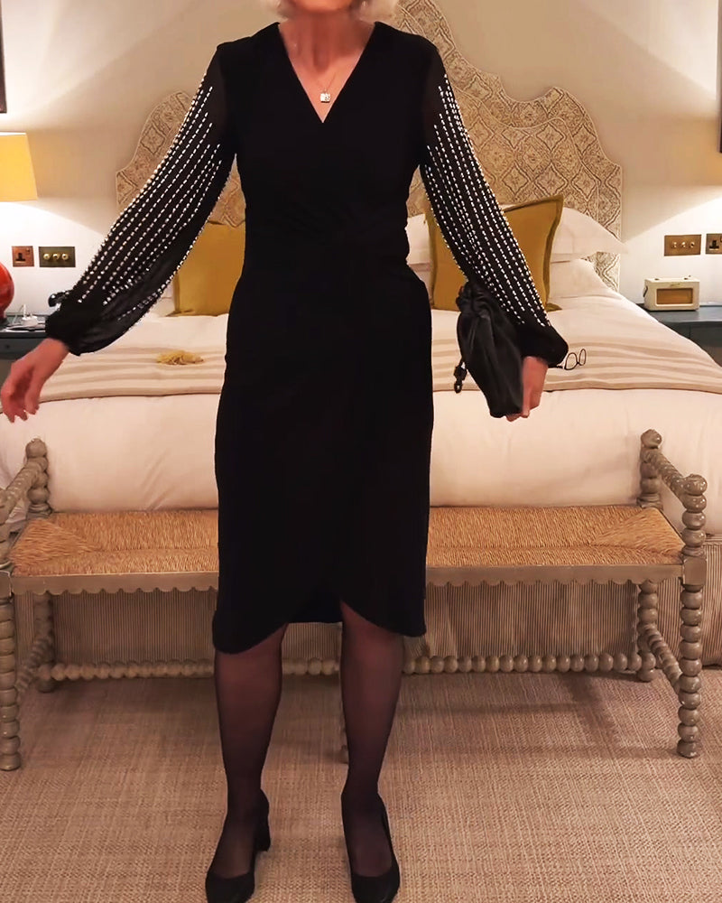 V-Neck Long Sleeve Fitted Waist Midi Dress