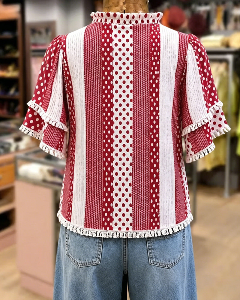 V-Neck Polka Dot Fringe Patchwork Blouse