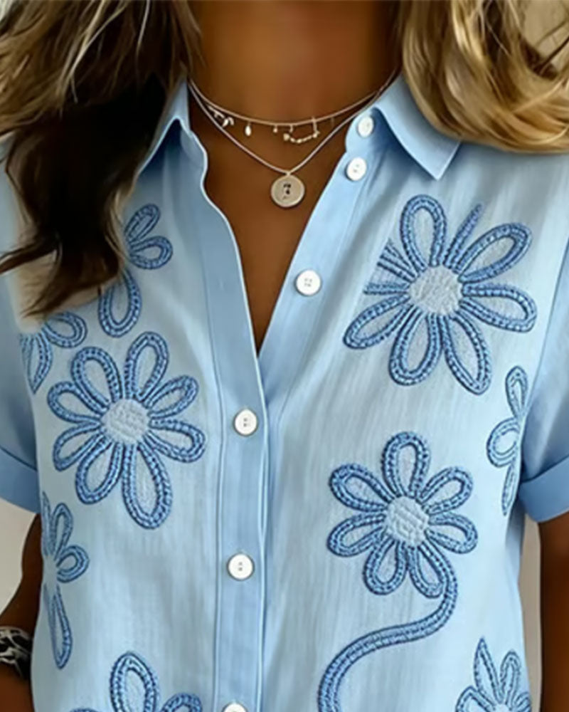 Button-Up Embroidered Short Sleeve Shirt