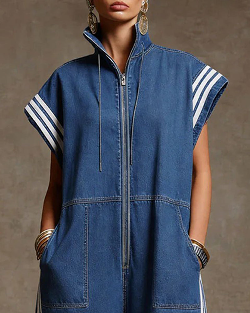 Striped Sleeveless Denim Jumpsuit