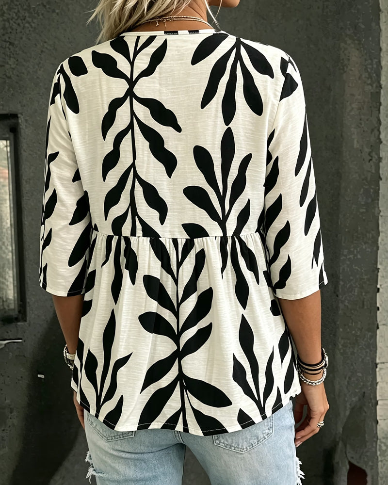 V-Neck Loose Print Short Sleeve Blouse