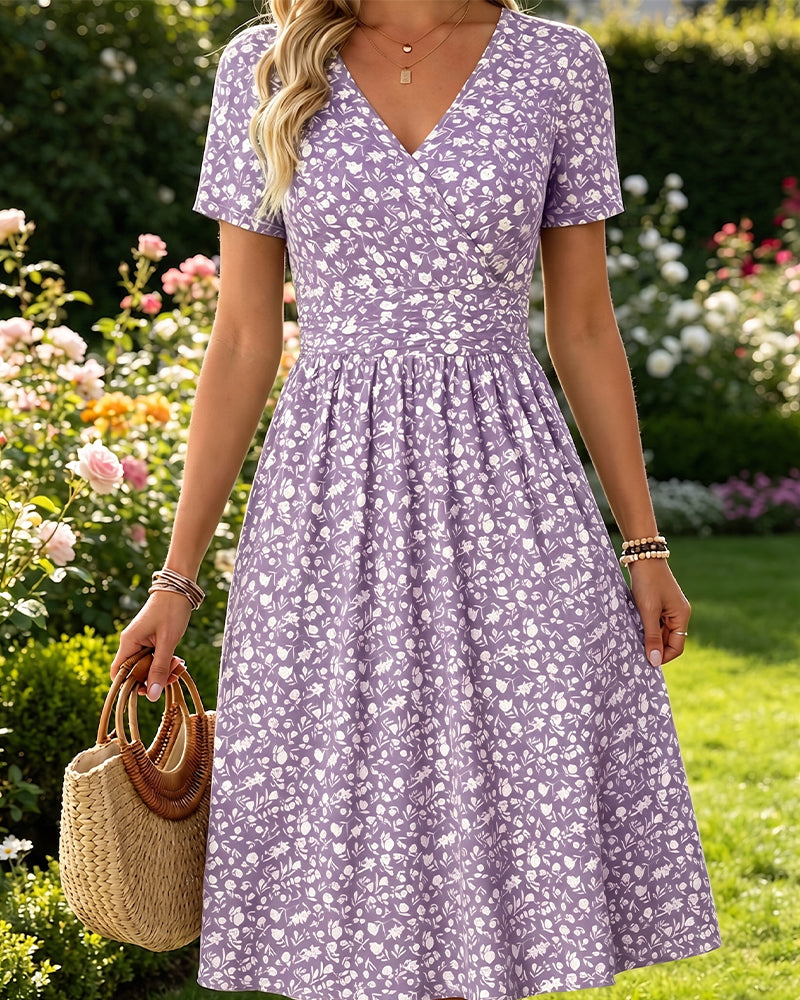V-Neck Short SleeveTiny Floral Dress