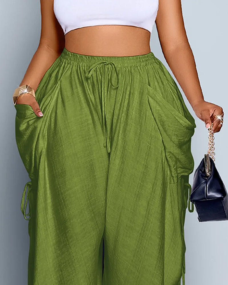 Solid Color Pleated High-Waist Wide-Leg Pants