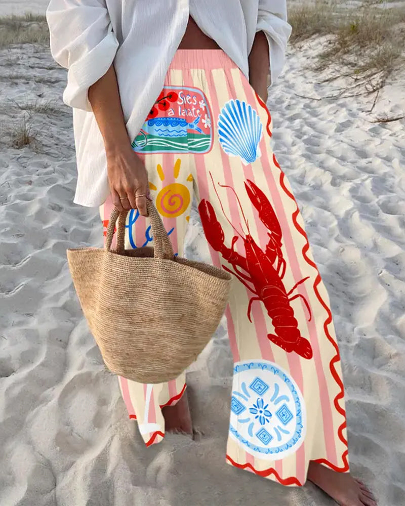 Ocean Print Wide-Leg Pants