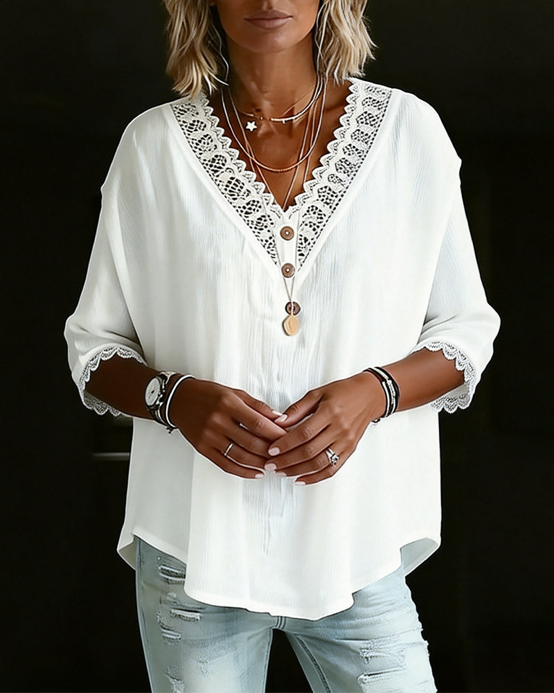 Lace V-Neck Three-Quarter Sleeve Blouse