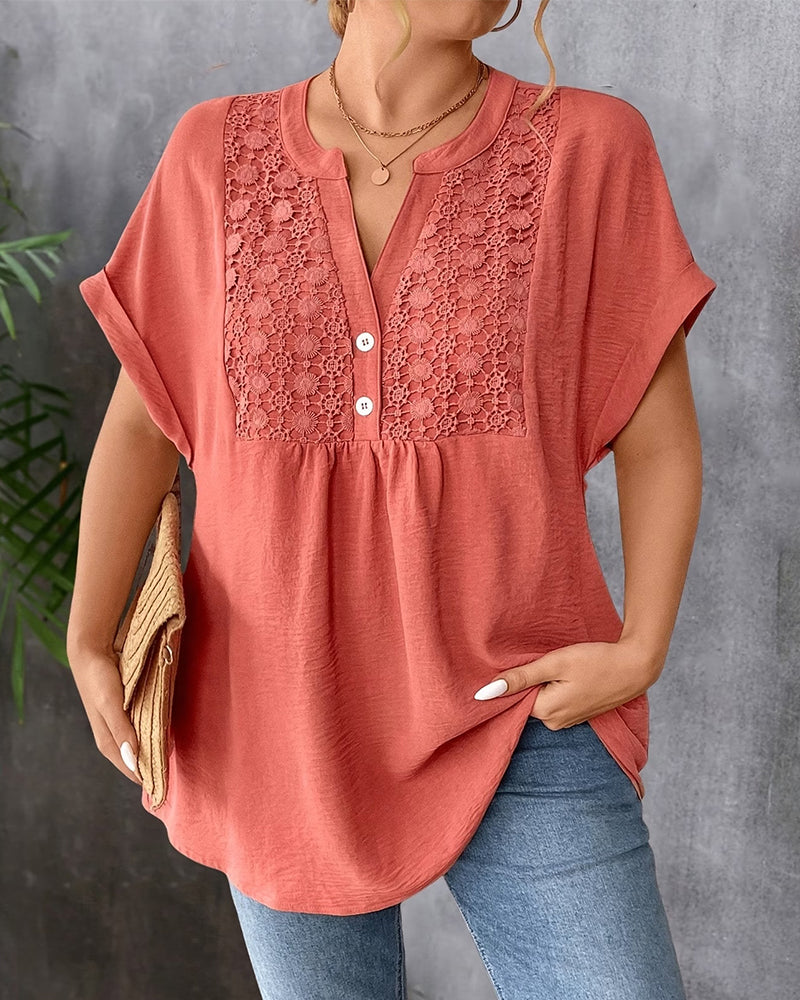Lace Panel V-Neck Short Sleeve Blouse