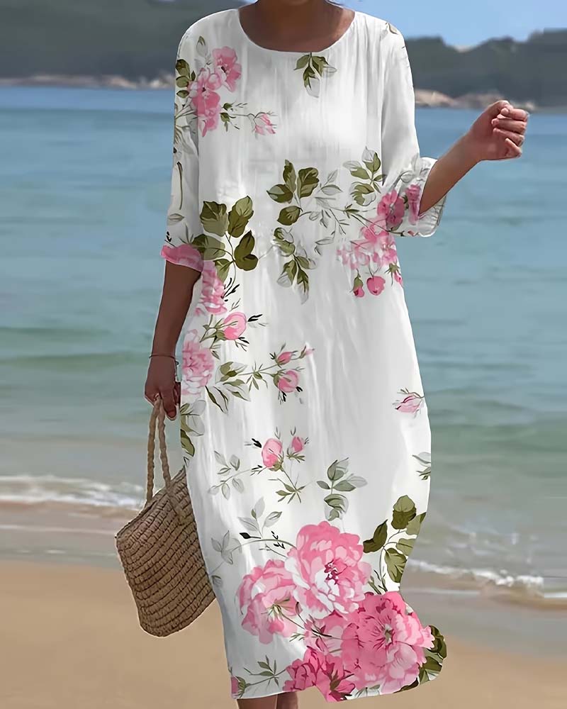 Crewneck Print Three-Quarter Sleeve Loose Dresses