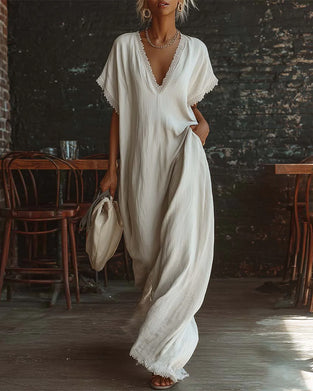 Solid Color V-Neck Fashion Long Dress