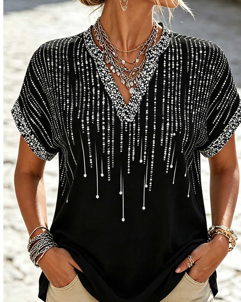Off-Shoulder V-Neck Print Blouse