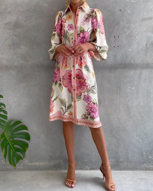 French Lantern Sleeve Notched Collar Printed Dress