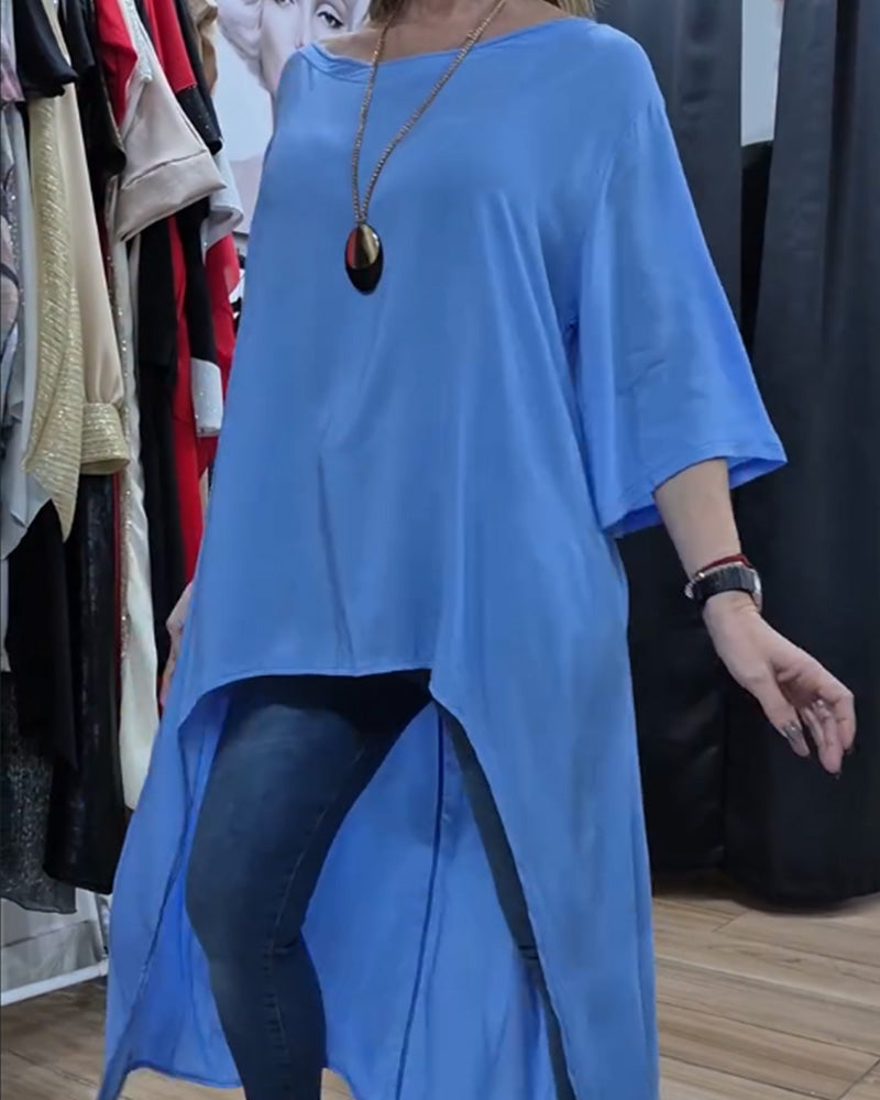 Three-Quarter Sleeve Irregular Solid Loose Top