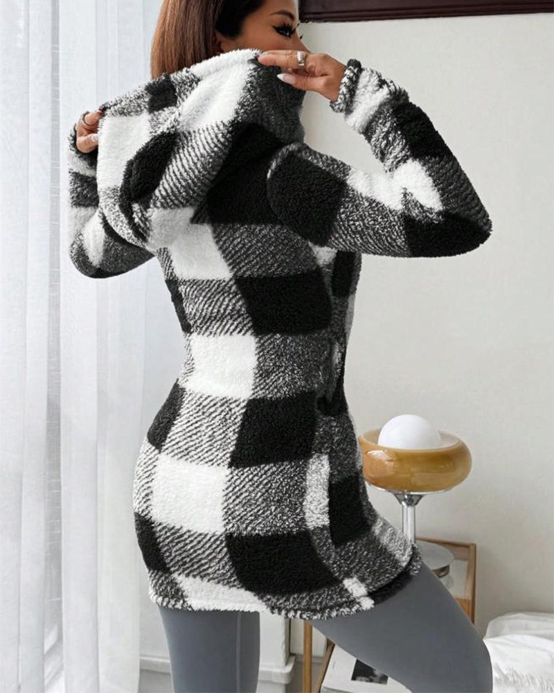Women's Plaid Fleece Long Sleeve Hooded Coat
