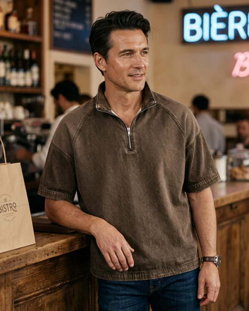 Washed Zip-Up Short Sleeve Shirt