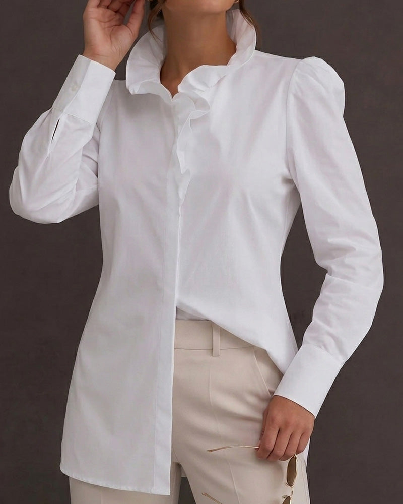 Ruffle Trim Long Sleeve Puff Sleeve Blouse