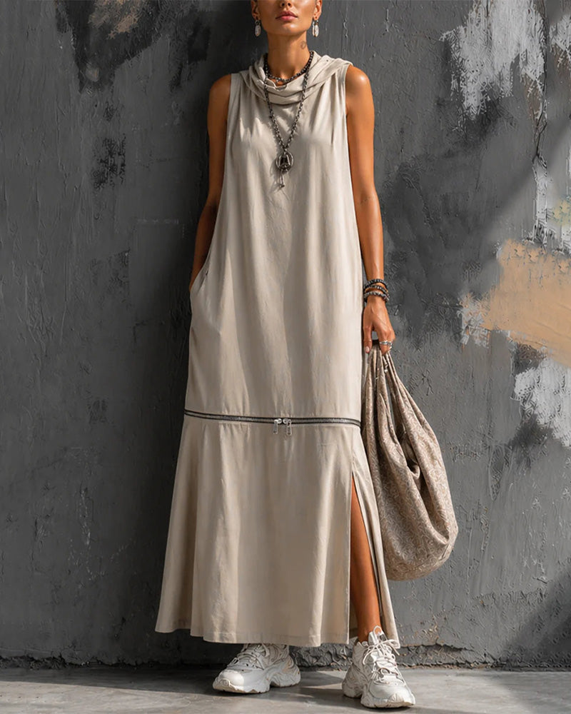 Cowl Neck Sleeveless Zipper Slit Dress