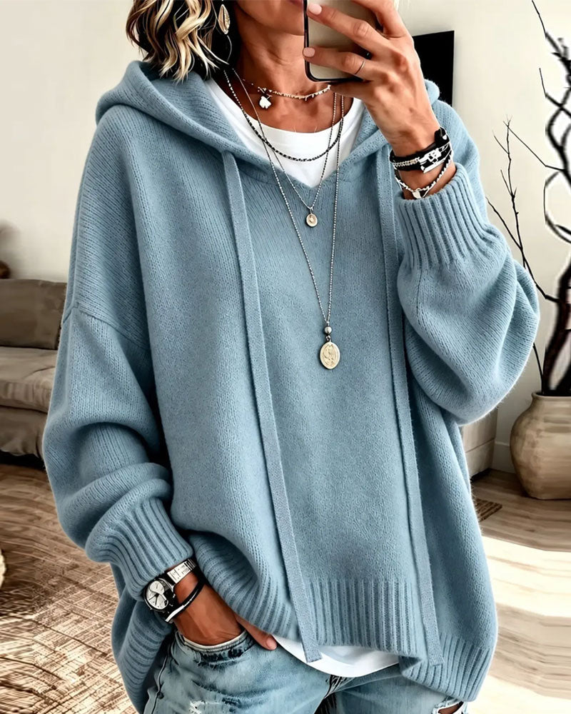 Hooded Drawstring Drop Shoulder Loose Pullover