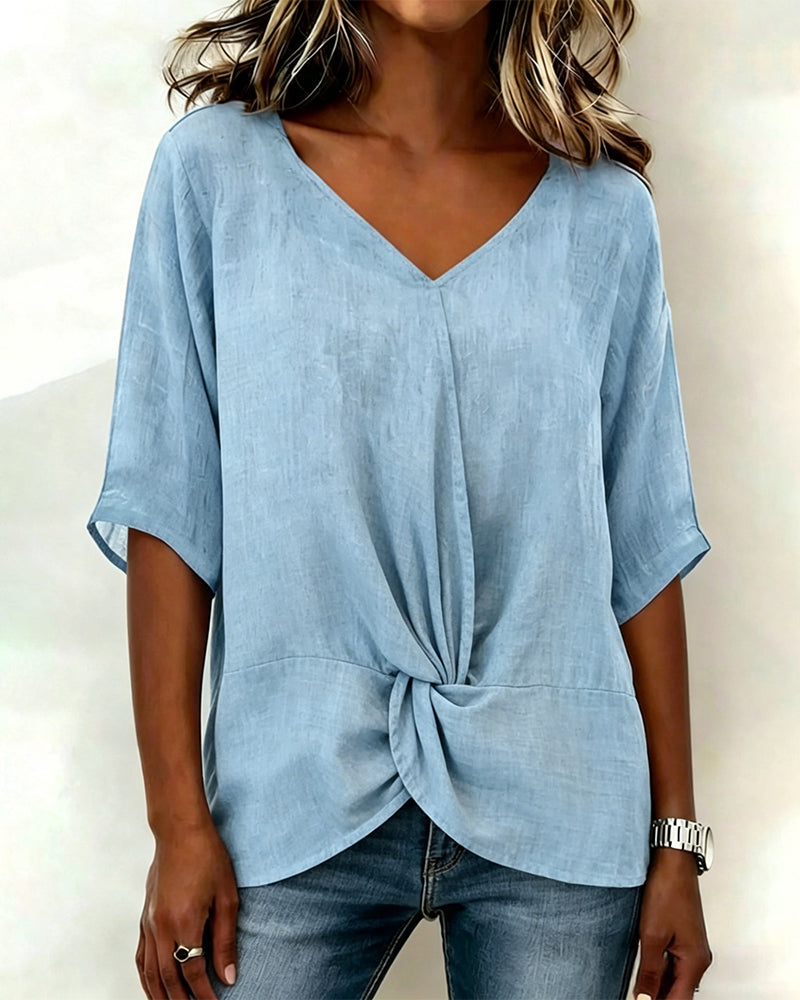 Round Neck Solid Color Blouse