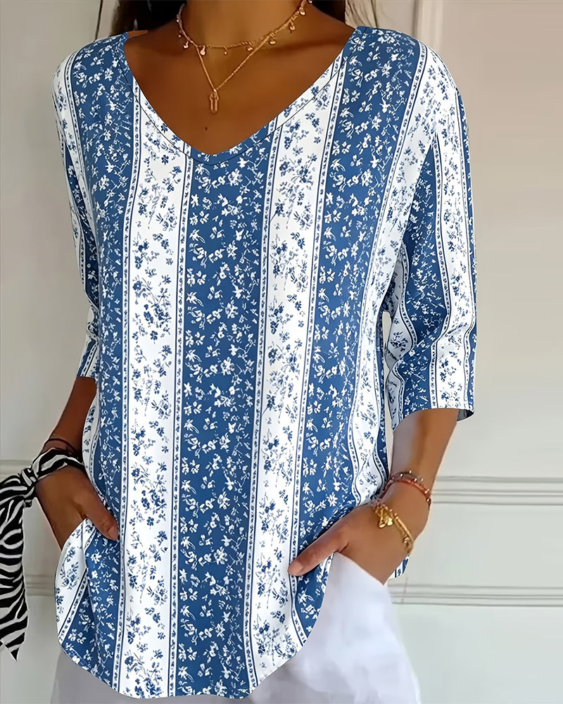 V-Neck Three-Quarter Sleeve Print Casual T-Shirts