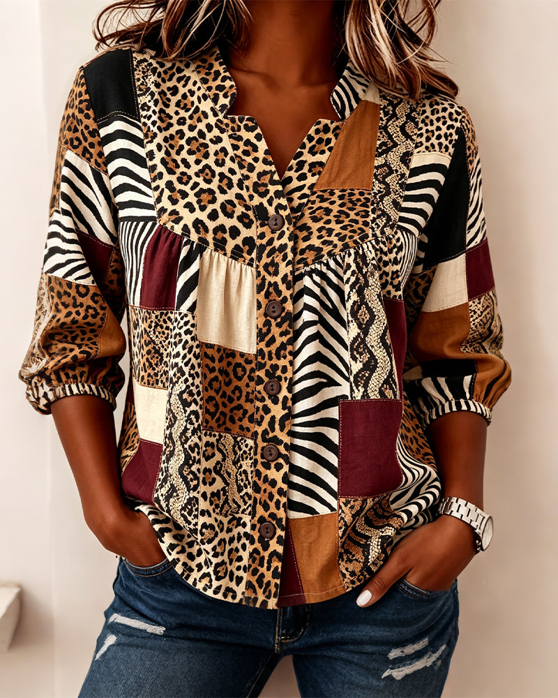 Leopard Color-Block V-Neck Blouse