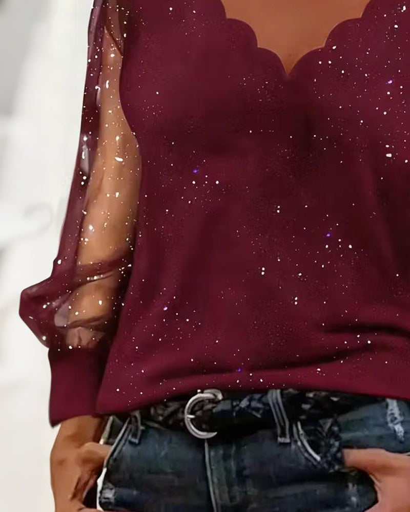 V-Neck Mesh Patchwork Top