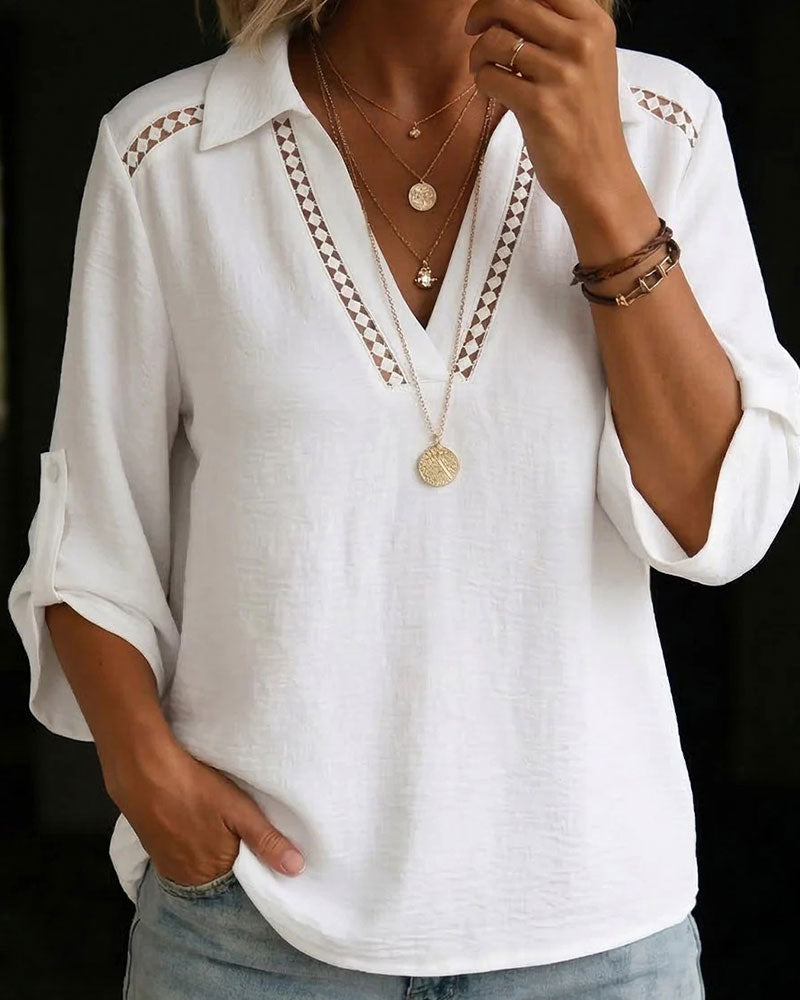 Solid Color Lapel Cutout Patchwork Blouse