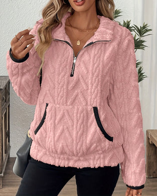 Lapel Zipper Front Fuzzy Sweatshirt
