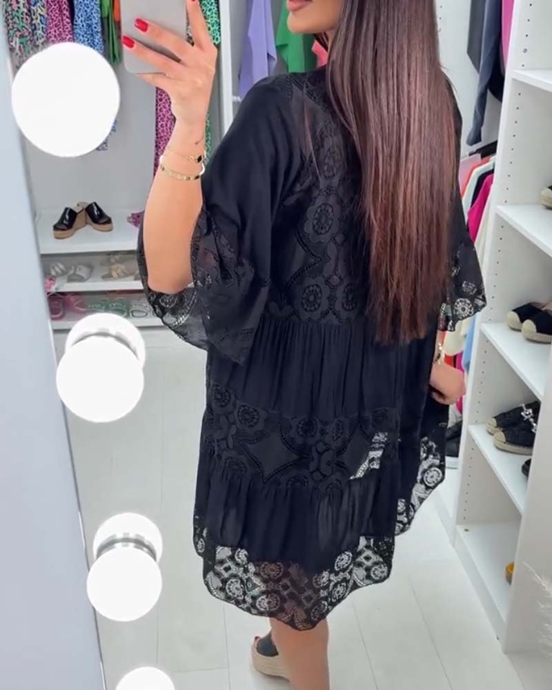 Solid color lace elegant V-neck dress