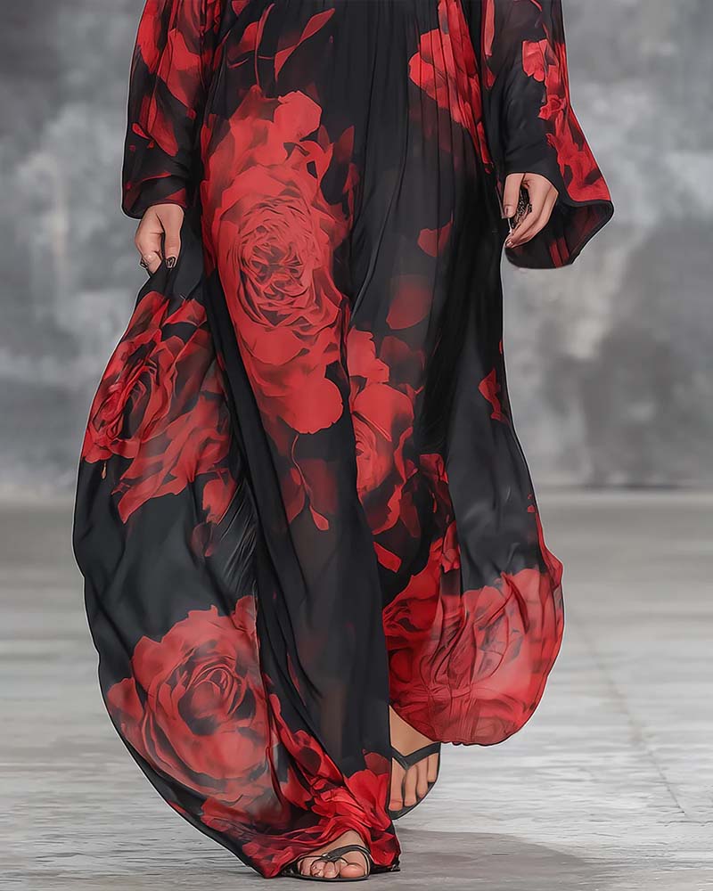 Temperament Loose Rose Print Long Dress