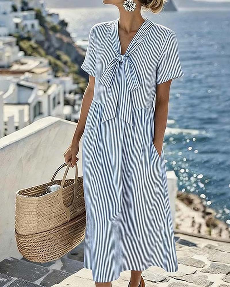 Striped Bow V-Neck Dress