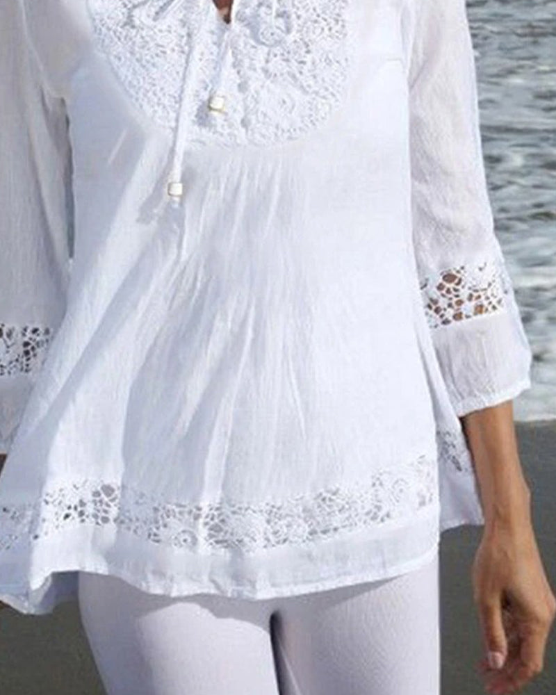 Crew Neck Tie Lace Patchwork Solid Blouse