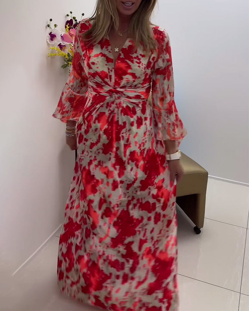 Fashionable printed deep V knitted bell sleeve dress